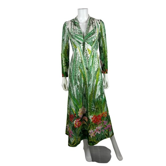 Vintage 70s Tropical Dress Womens XS Deep V Green Botanical Maxi Empire Bust - Picture 2 of 13
